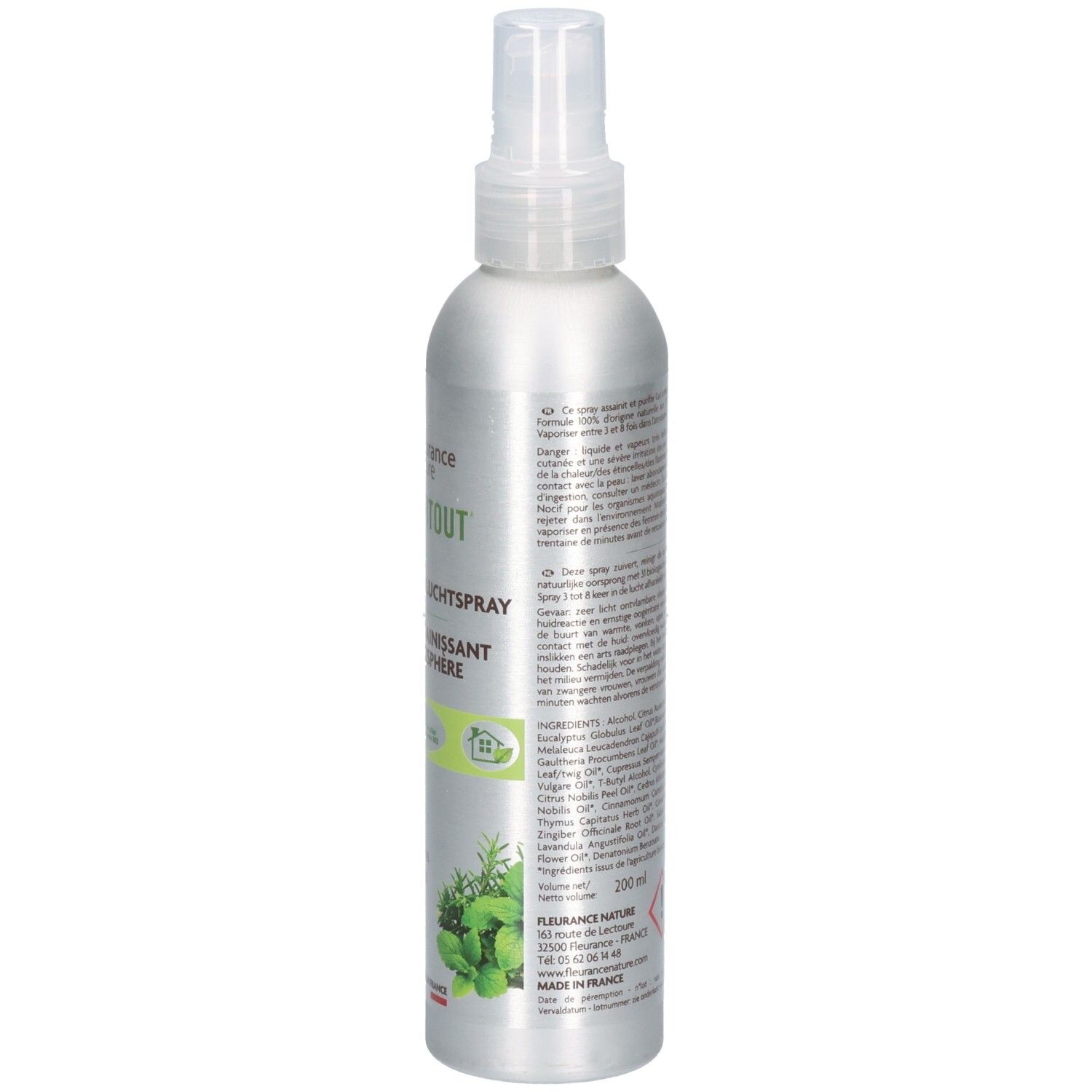 Rückseite der silbernen Sprühflasche. Text mit Inhaltsstoffen und Warnhinweisen. Logo: gelbe Blume. Barcode und Piktogramme.