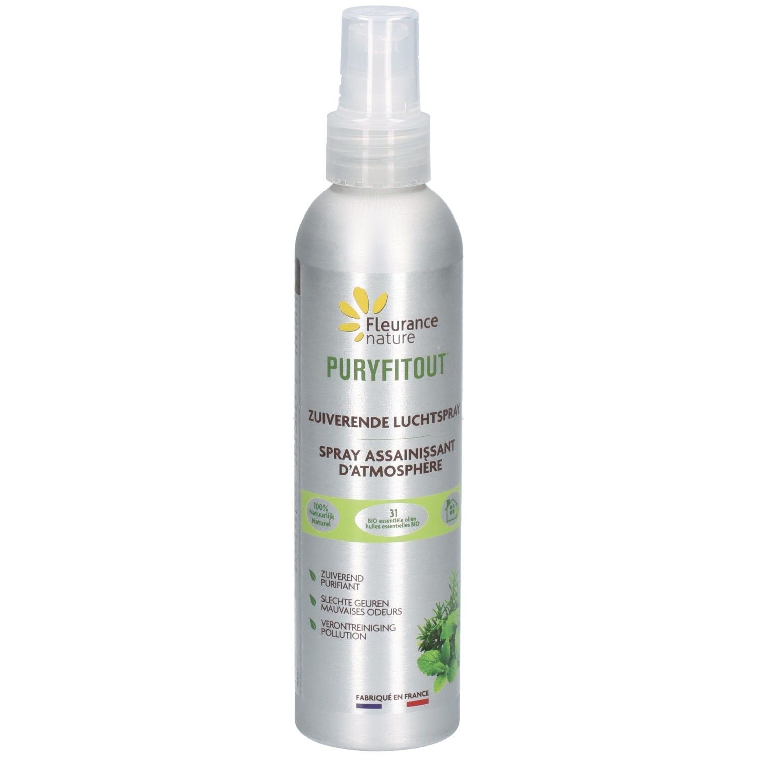 Silberne Sprühflasche mit weißem Sprühkopf. Aufschrift: Puryfitout, Spray assainissant d'atmosphère. Logo: gelbe Blume.