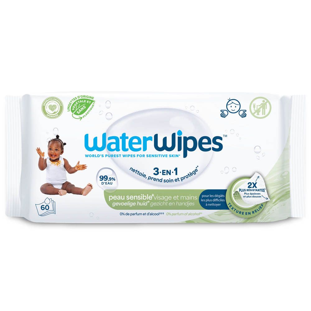 Paquet WaterWipes avec illustration de bébé. Texte : 3-EN-1, 99,9% d'eau, peau sensible, 60 lingettes, 2X plus d'hydratation.
