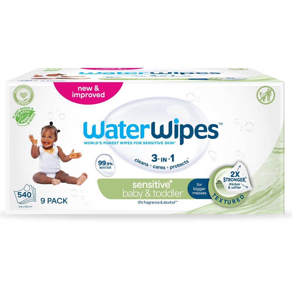 WaterWipes-Verpackung. Aufdruck: 9 Packungen, 3-in-1, für empfindliche Haut. Baby auf der Verpackung.