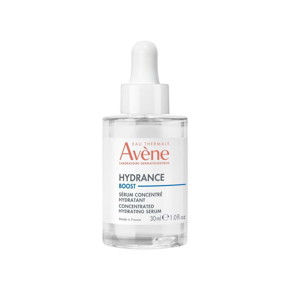 Flacon en verre transparent avec bouchon et pipette blancs. Inscriptions: Eau Thermale Avène, Hydrance Boost, Sérum Concentré Hydratant, 30ml.