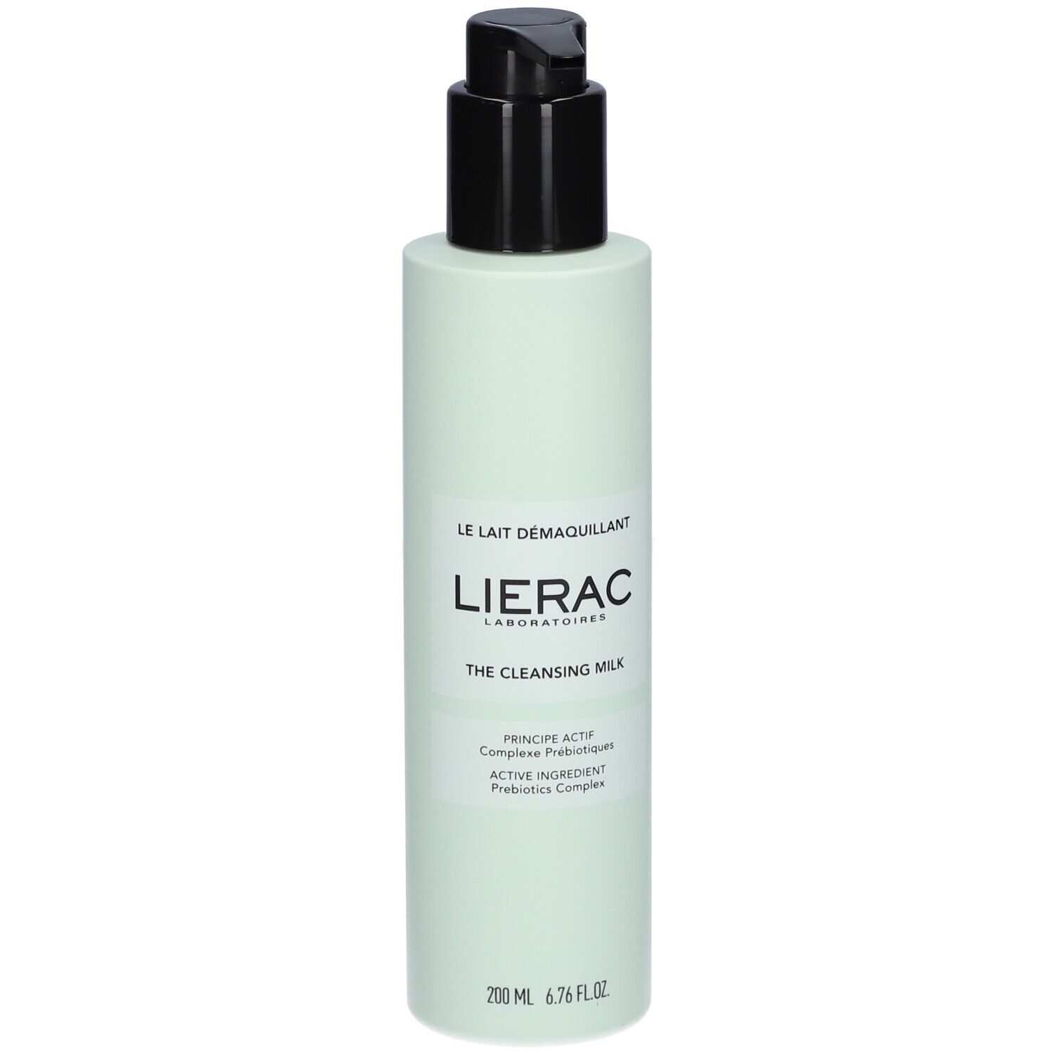 Hellgrüne Flasche mit schwarzem Pumpkopf. Aufschrift: LIERAC, Le Lait démaquillant, The Cleansing Milk. 200 ml.