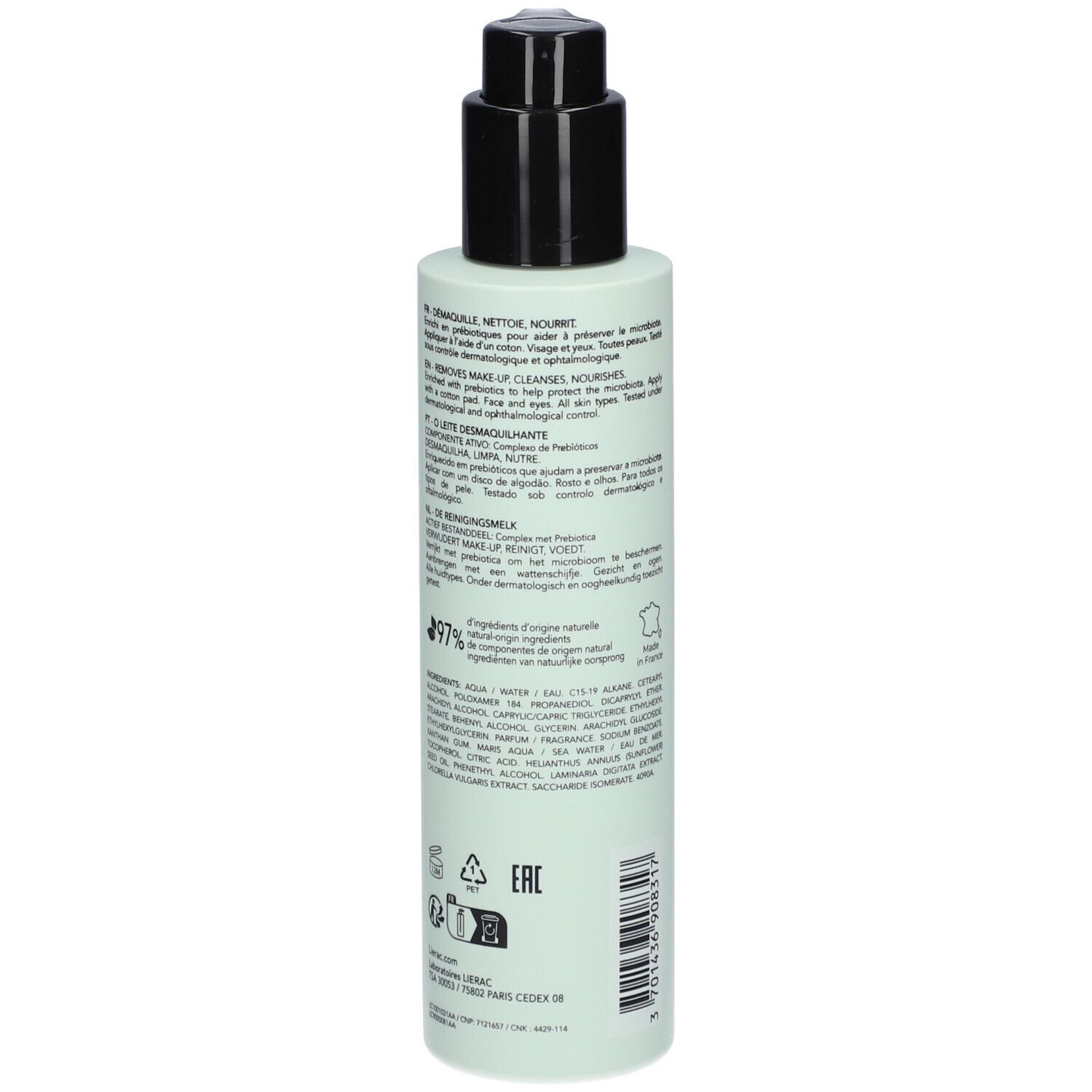 Rückseite der hellgrünen Flasche mit schwarzem Pumpkopf. Text in mehreren Sprachen. 200 ml. Inhaltsstoffe.