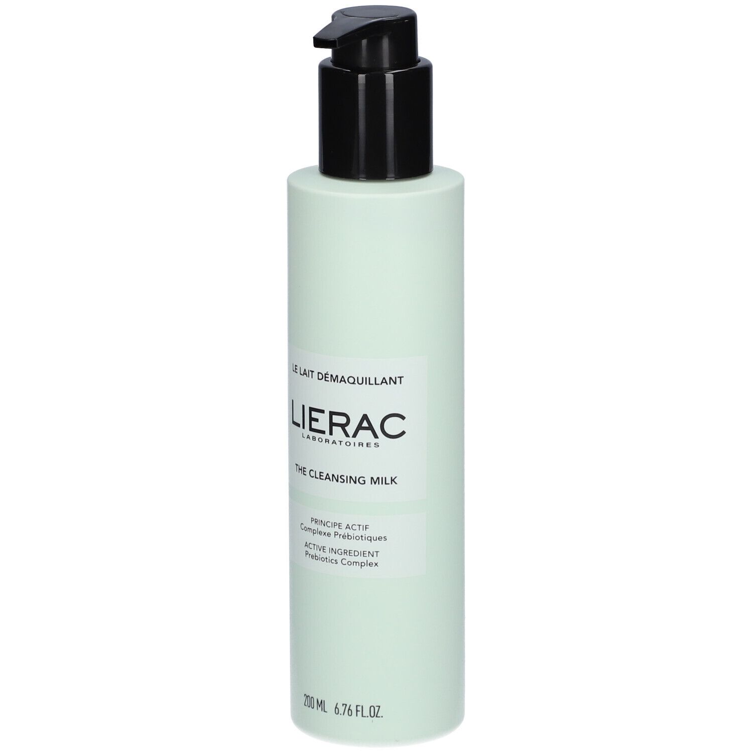 Hellgrüne Flasche mit schwarzem Pumpkopf. Aufschrift: LIERAC, Le Lait démaquillant, The Cleansing Milk. 200 ml.