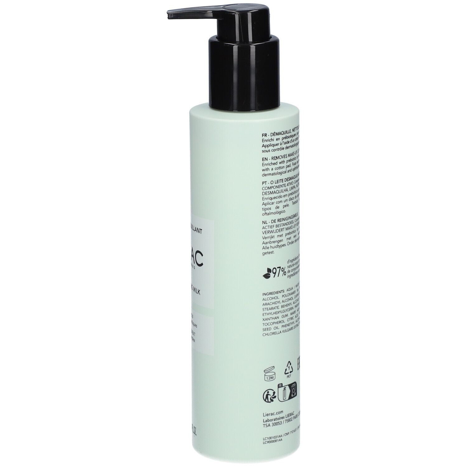 Rückseite der hellgrünen Flasche mit schwarzem Pumpkopf. Text in mehreren Sprachen. 200 ml. Inhaltsstoffe.