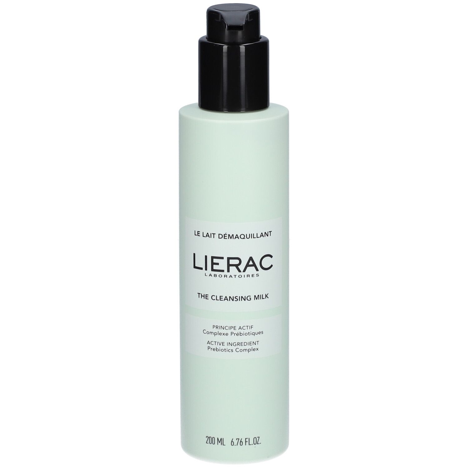 Hellgrüne Flasche mit schwarzem Pumpkopf. Aufschrift: LIERAC, Le Lait démaquillant, The Cleansing Milk. 200 ml.