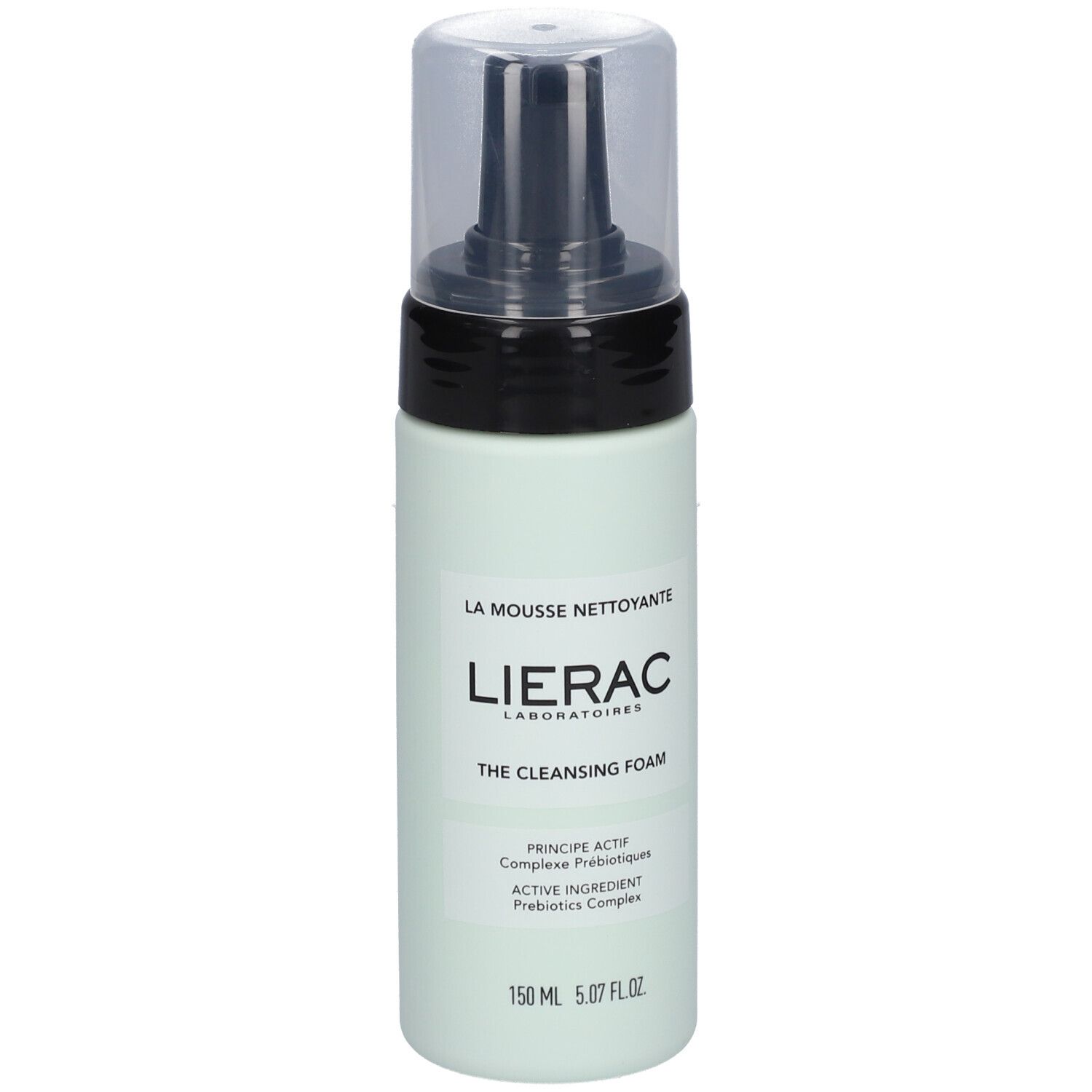 Hellgrüne Flasche mit schwarzem Pumpkopf. Aufschrift: LIERAC, THE CLEANSING FOAM. Klare Kappe. 150 ml.