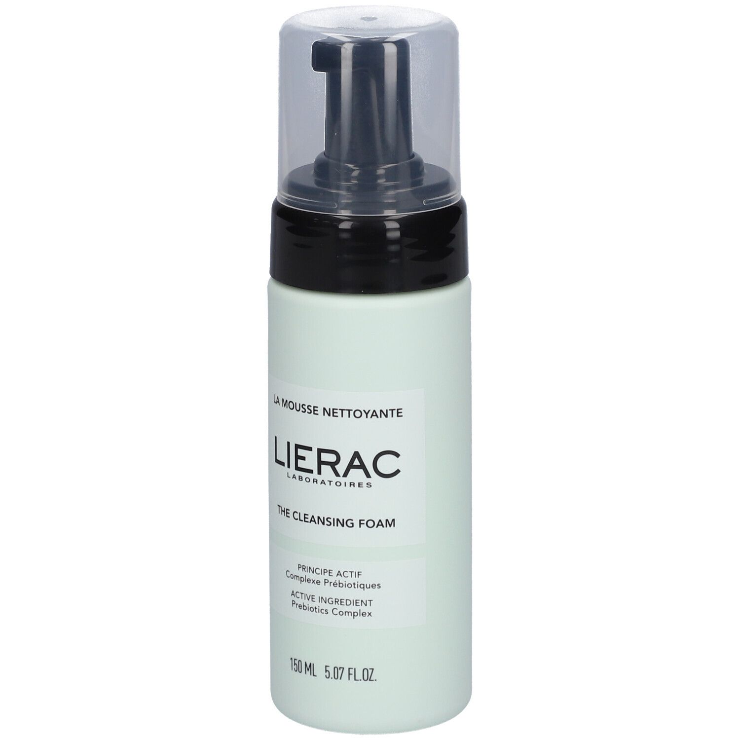 Hellgrüne Flasche mit schwarzem Pumpkopf. Aufschrift: LIERAC, THE CLEANSING FOAM. Klare Kappe. 150 ml.