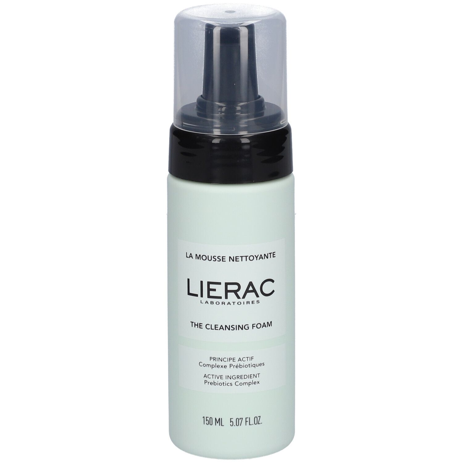 Hellgrüne Flasche mit schwarzem Pumpkopf. Aufschrift: LIERAC, THE CLEANSING FOAM. Klare Kappe. 150 ml.