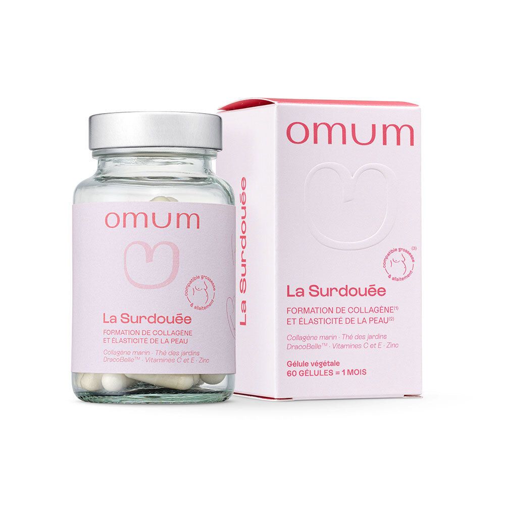 Emballage et flacon de gélules. Emballage rose avec texte et logo. Nom du produit : La Surdouée. 60 gélules.