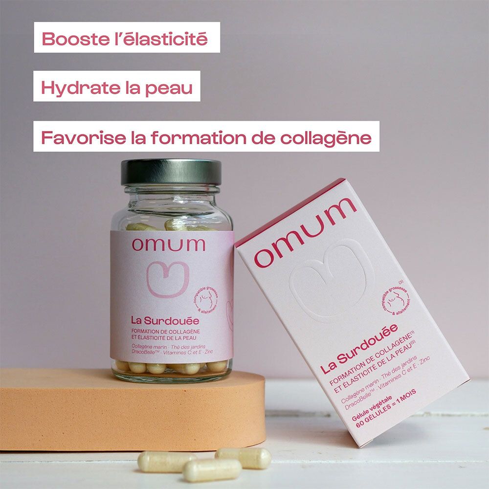 Emballage et flacon de gélules. Emballage rose avec texte et logo. Nom du produit : La Surdouée. 60 gélules. Ingrédients.