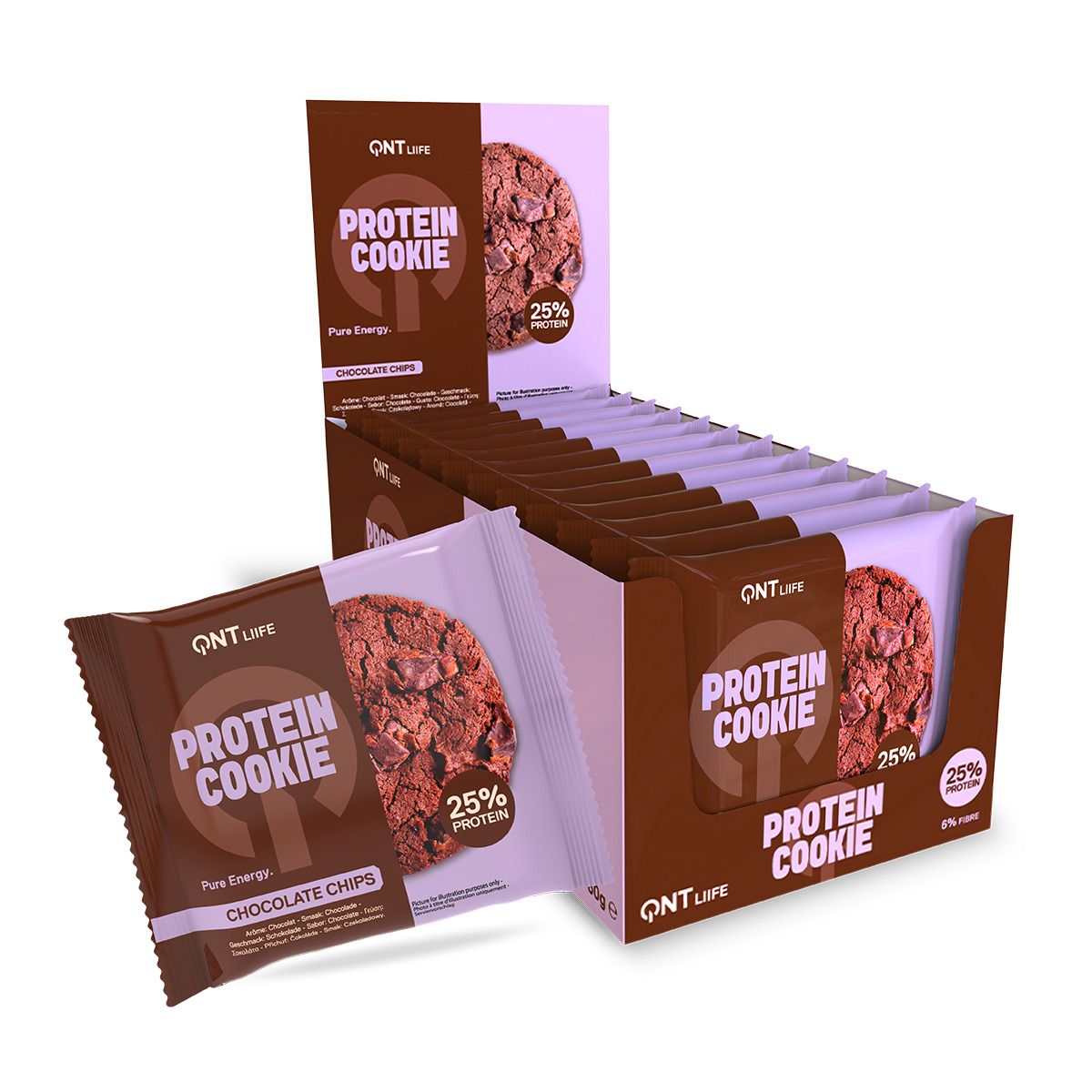 QNT Protein Cookie pépites de chocolat. Paquets individuels et boîte ouverte. Emballage marron avec logo.