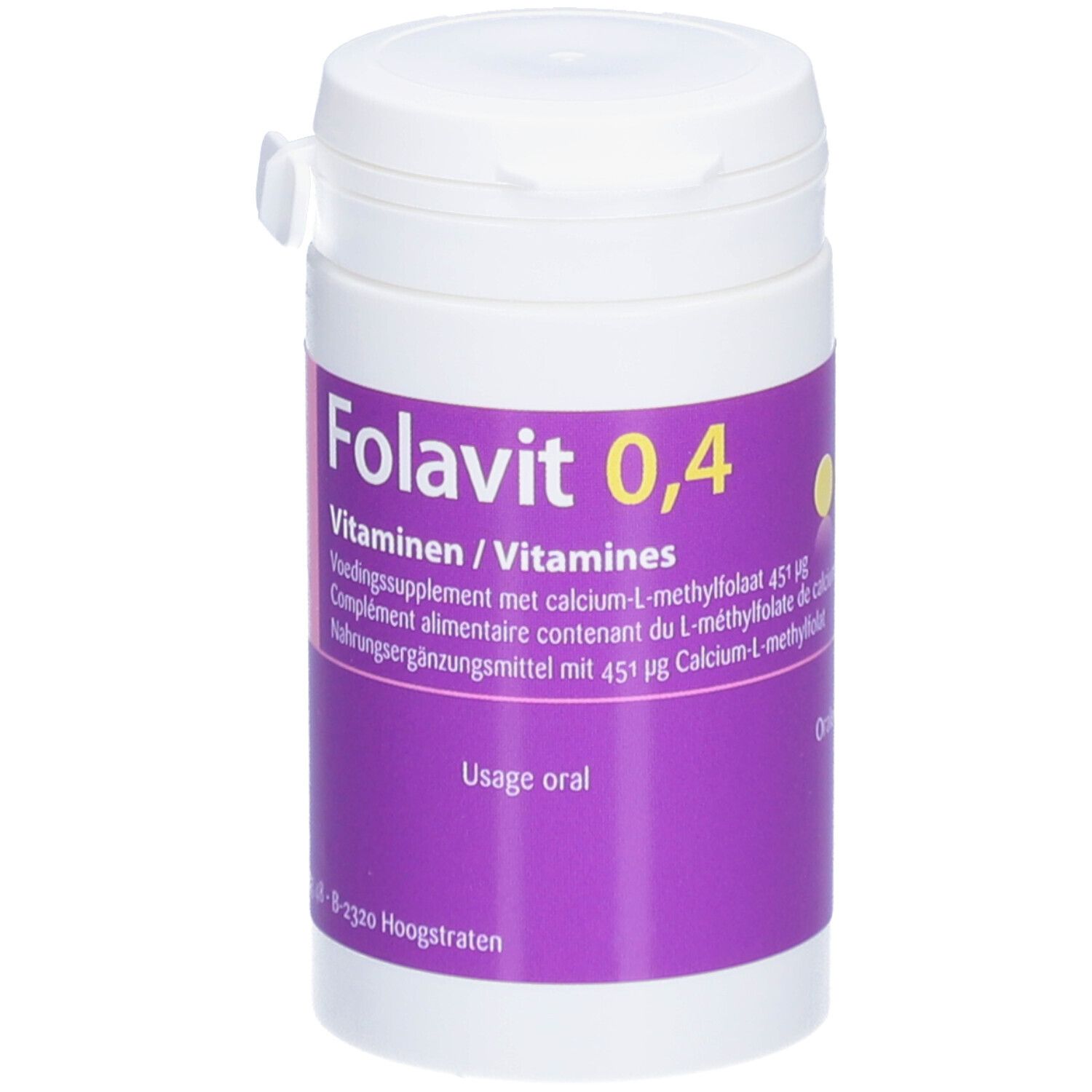 Flacon blanc avec étiquette violette. Inscription : Folavit 0,4, Vitamines. Mode d'emploi : oral.