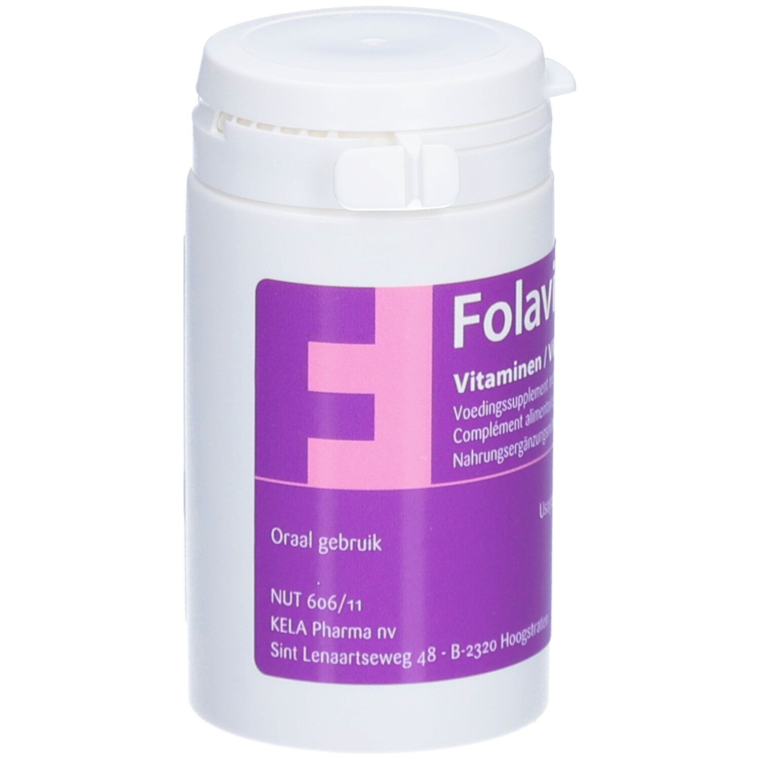 Flacon blanc avec étiquette violette. Inscription : Folavit, Vitamines. Mode d'emploi : oral.