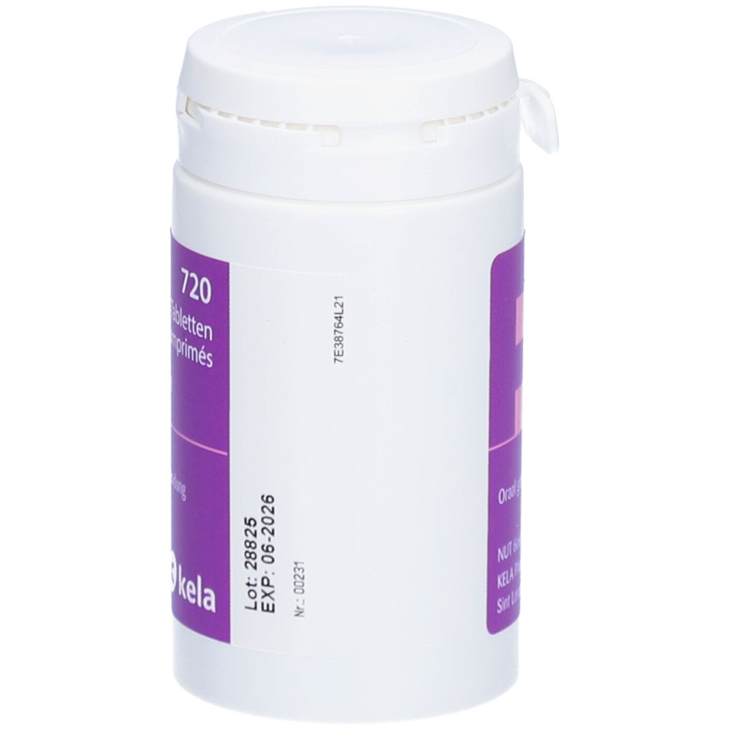Flacon blanc avec étiquette violette. Inscription : 720 comprimés. Expiration 05-2026. Mode d'emploi : oral.