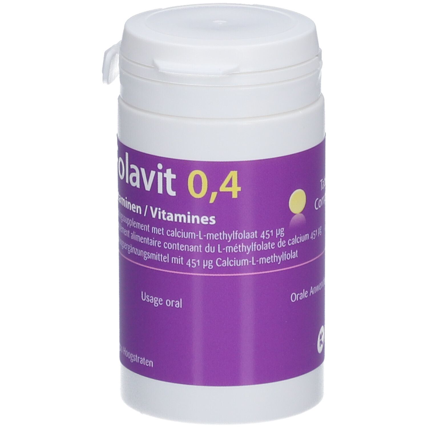 Flacon blanc avec étiquette violette. Inscription : Folavit 0,4, Vitamines. Mode d'emploi : oral.