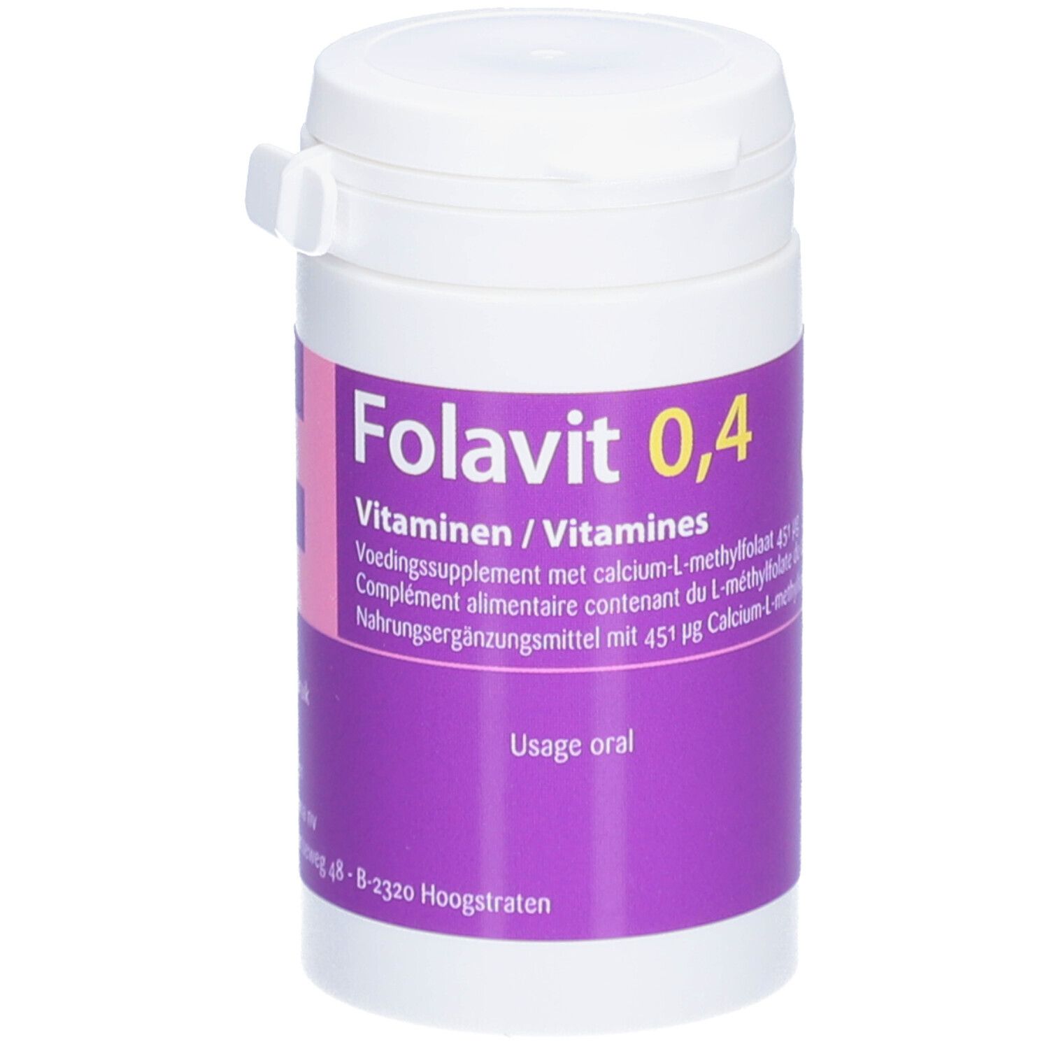 Flacon blanc avec étiquette violette. Inscription : Folavit 0,4, Vitamines. Mode d'emploi : oral.