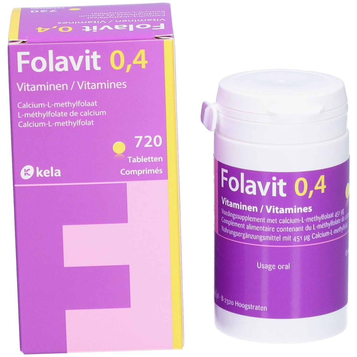 Boîte et flacon de comprimés. Boîte avec inscription : Folavit 0,4, 720 comprimés. Mode d'emploi : oral.