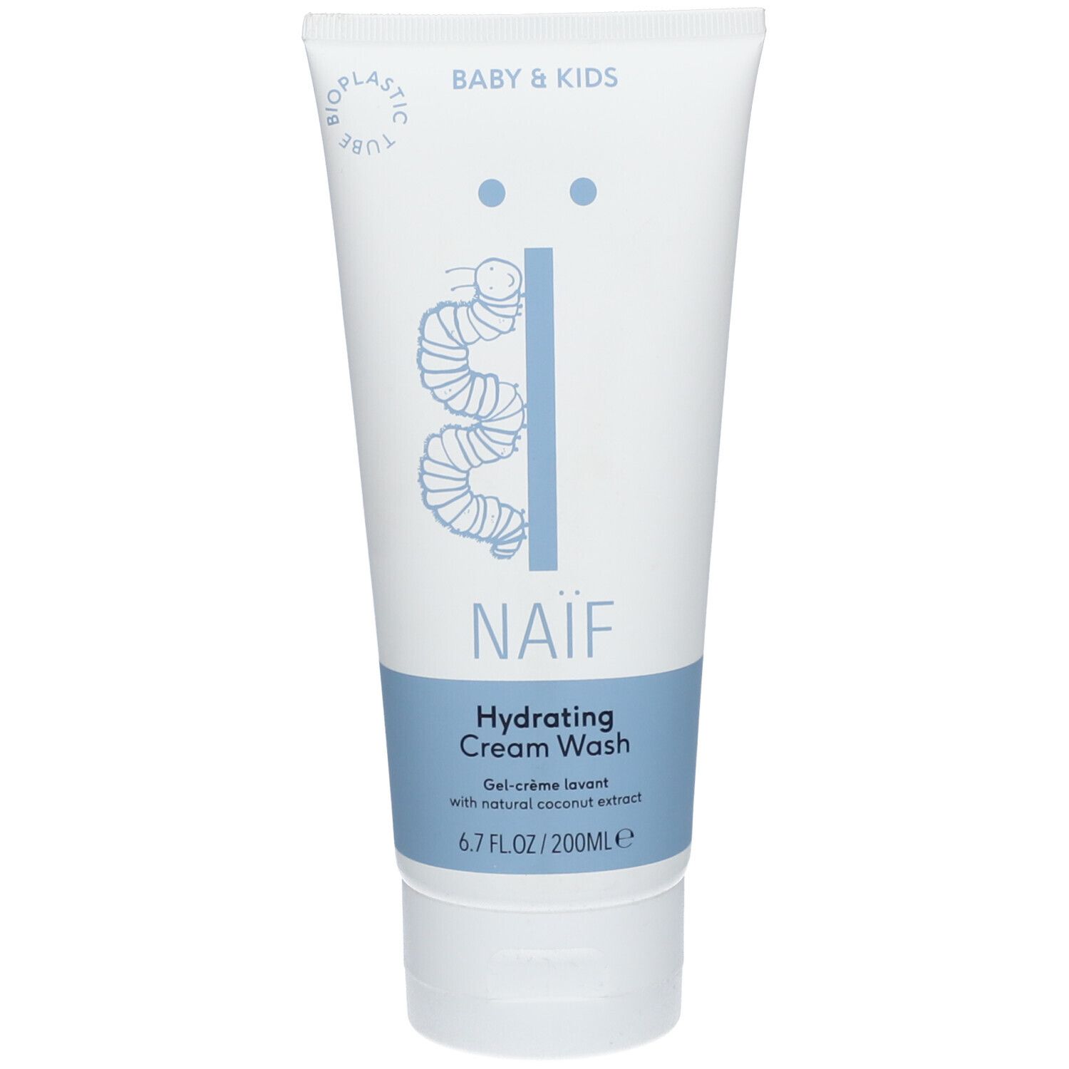 Weiße Tube mit blauem Streifen. Aufschrift: NAÏF, Hydrating Cream Wash. Enthält 200ml. Für Babys und Kinder.
