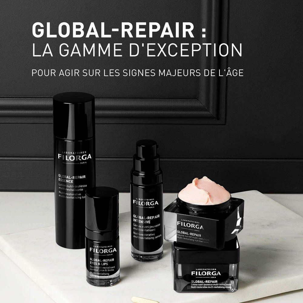 Baume FILORGA GLOBAL-REPAIR. Pot noir avec produit. Texte: GLOBAL-REPAIR, Baume nutritif multi-revitalisant.