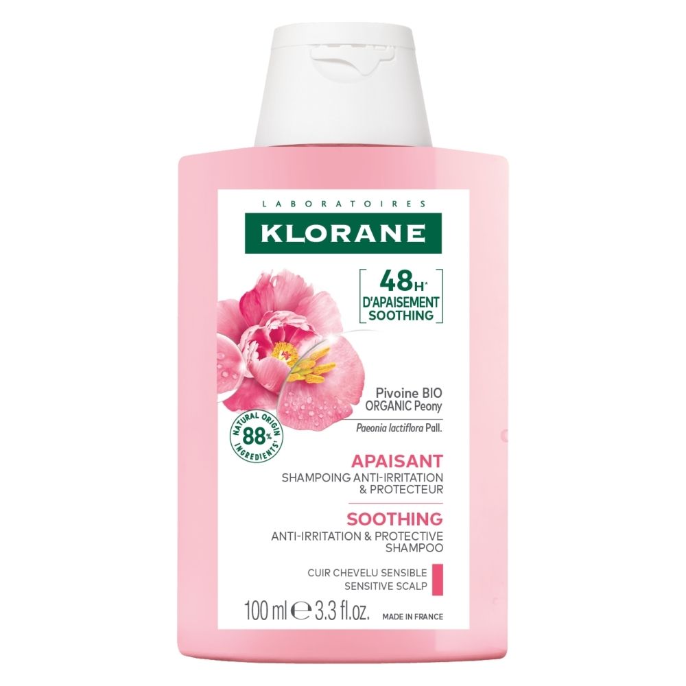 Shampooing KLORANE à la pivoine bio, flacon de 100ml avec bouchon clapet blanc.