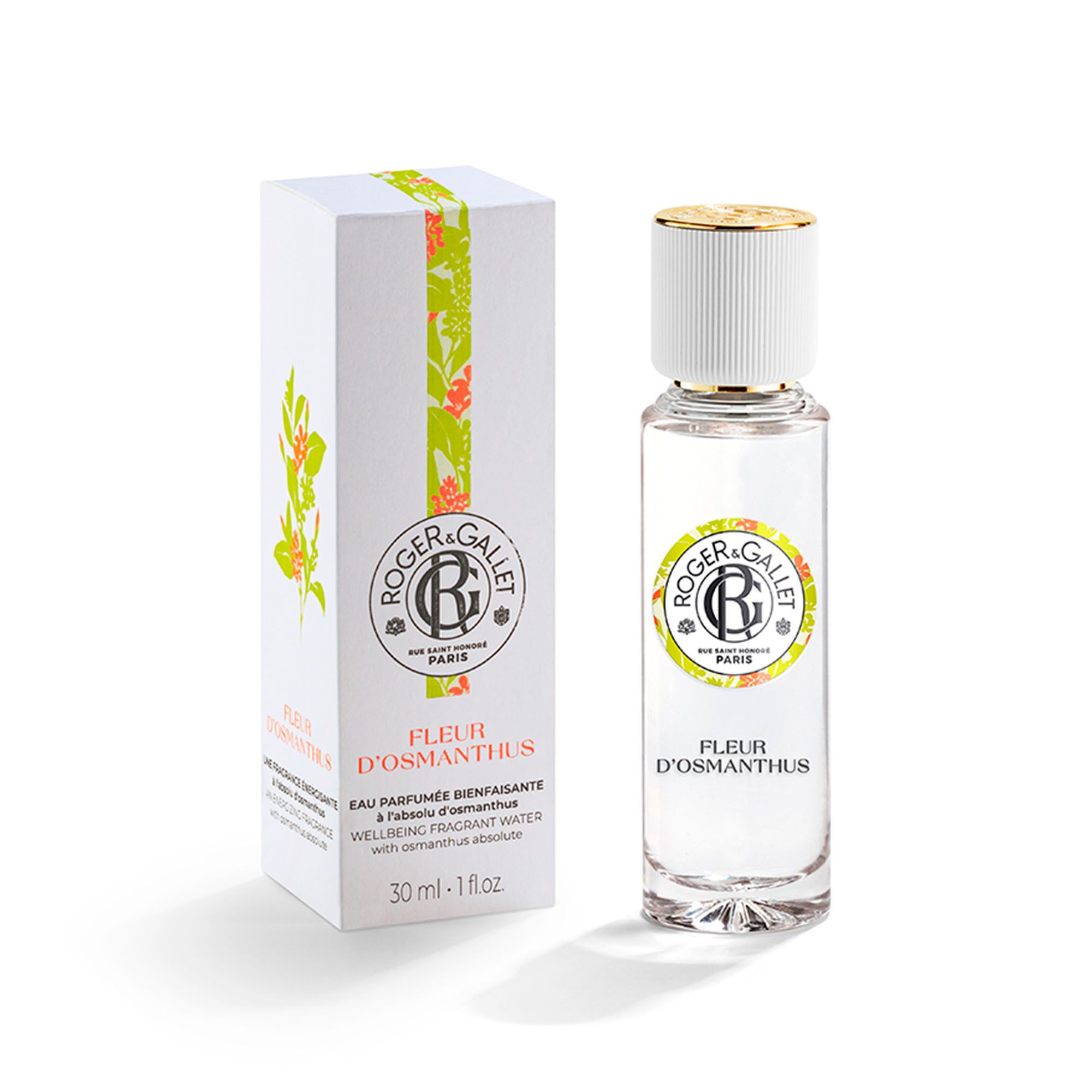 Emballage et flacon. Inscription: FLEUR D'OSMANTHUS. Flacon avec bouchon blanc et capuchon doré.