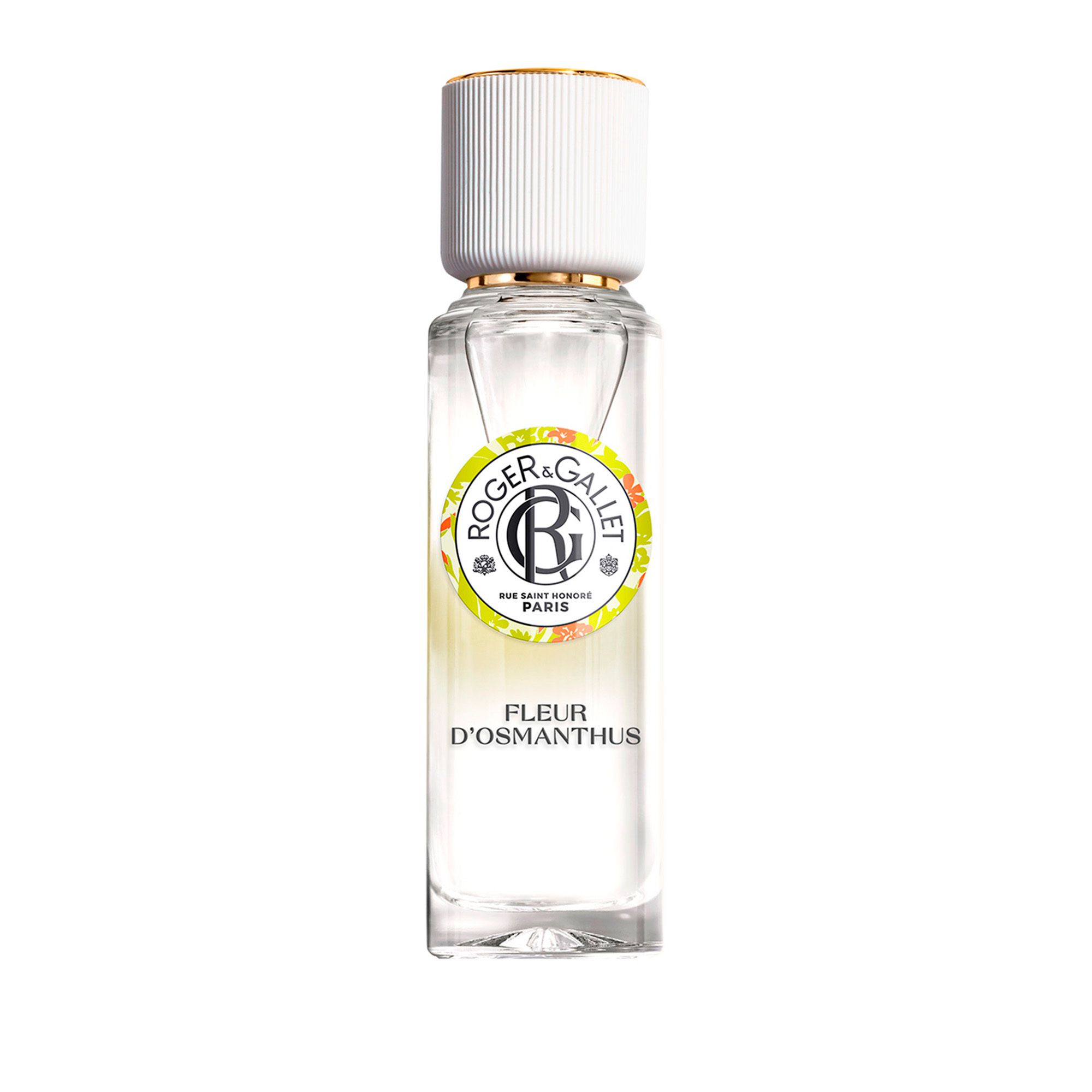 Flacon avec bouchon blanc et capuchon doré. Inscription: FLEUR D'OSMANTHUS. Logo et texte.