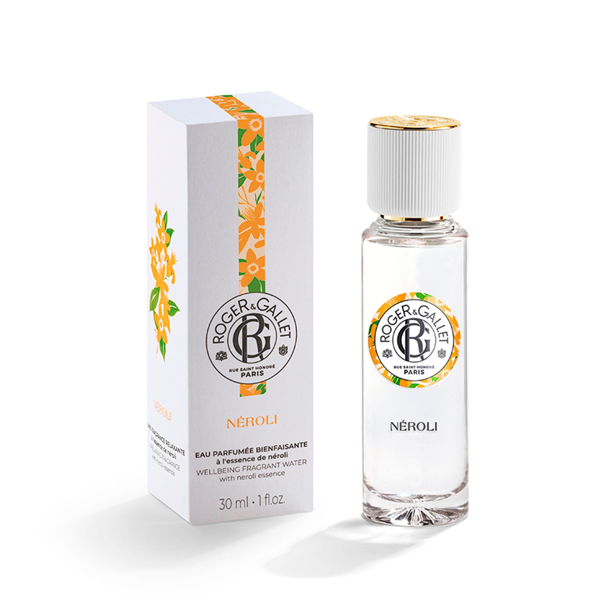 Boîte et flacon blancs. Texte: NÉROLI, Eau Parfumée, Roger & Gallet. 30 ml. Flacon avec capuchon doré.