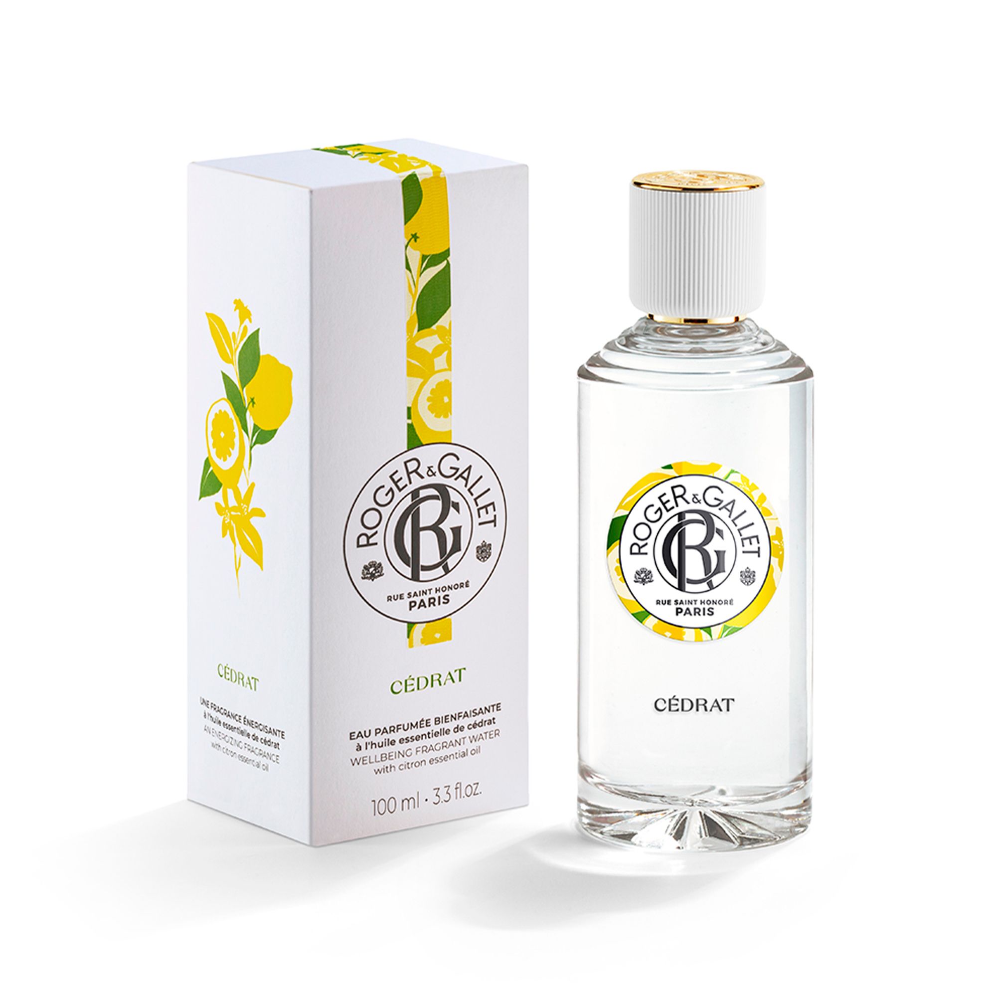 Emballage et flacon du produit. Inscription : Cédrat, Eau Parfumée Bienfaisante, Roger & Gallet. Flacon avec bouchon blanc.