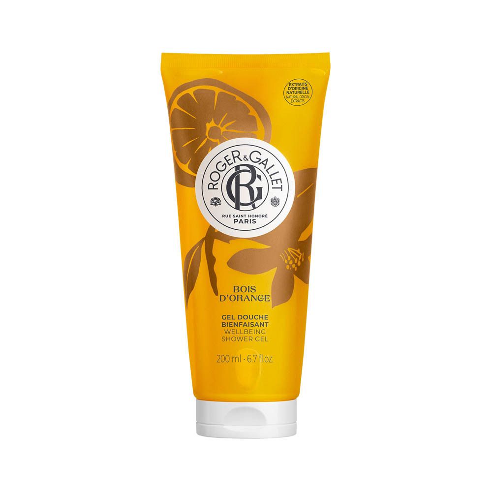 Tube jaune avec impression du produit. Logo et texte Roger & Gallet. Nom du produit: Bois d'Orange Douchegel.