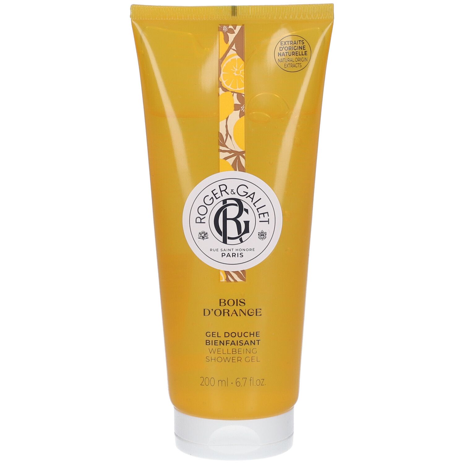 Gelbe Tube mit Produktaufdruck. Logo und Schriftzug Roger & Gallet. Produktname: Bois d'Orange Douchegel.