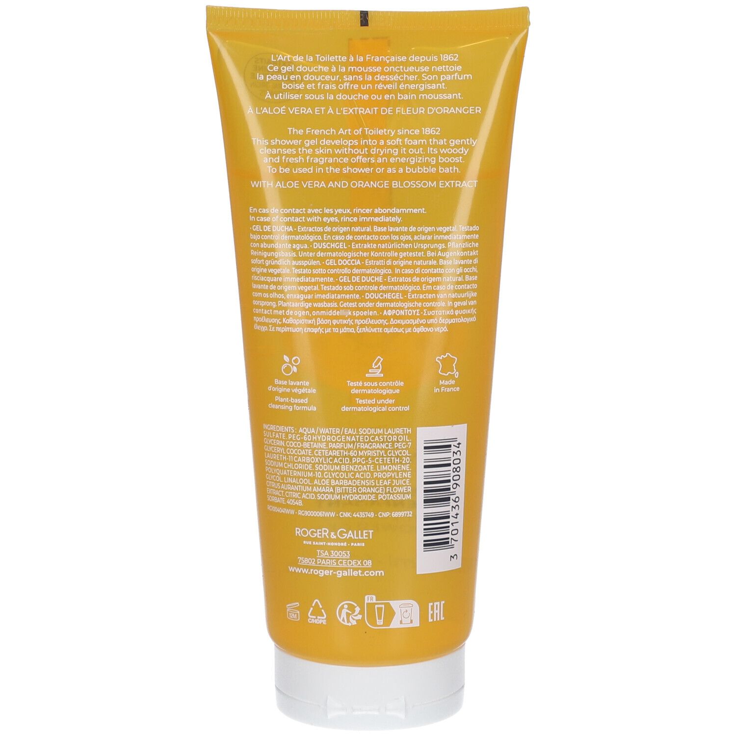 Rückseite der gelben Tube. Text in mehreren Sprachen. Logo Roger & Gallet. Inhaltsstoffe und Informationen.