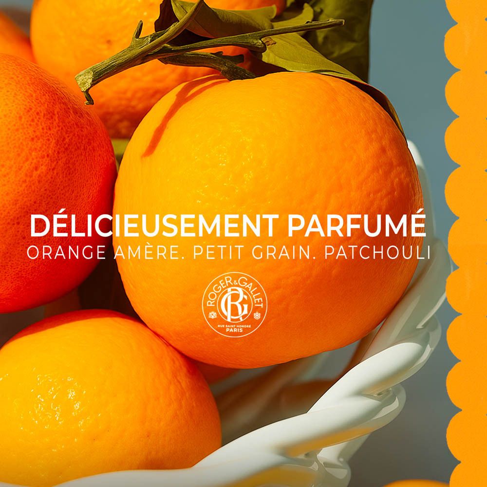 Gros plan d'oranges dans un bol blanc. Texte: Délicieusement Parfumé. Logo Roger & Gallet.