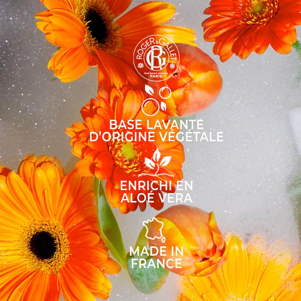 Fleurs et texte: Base lavante d'origine végétale, Enrichi en aloe vera, Made in France. Logo Roger & Gallet.