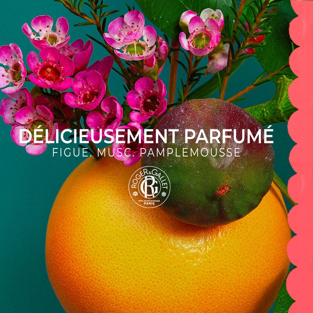 Pamplemousse et figues avec texte: Délicieusement Parfumé. Logo Roger & Gallet.