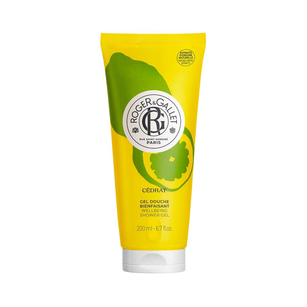 Tube jaune Roger & Gallet Cédrat. Gel douche bienfaisant. Décor citron.