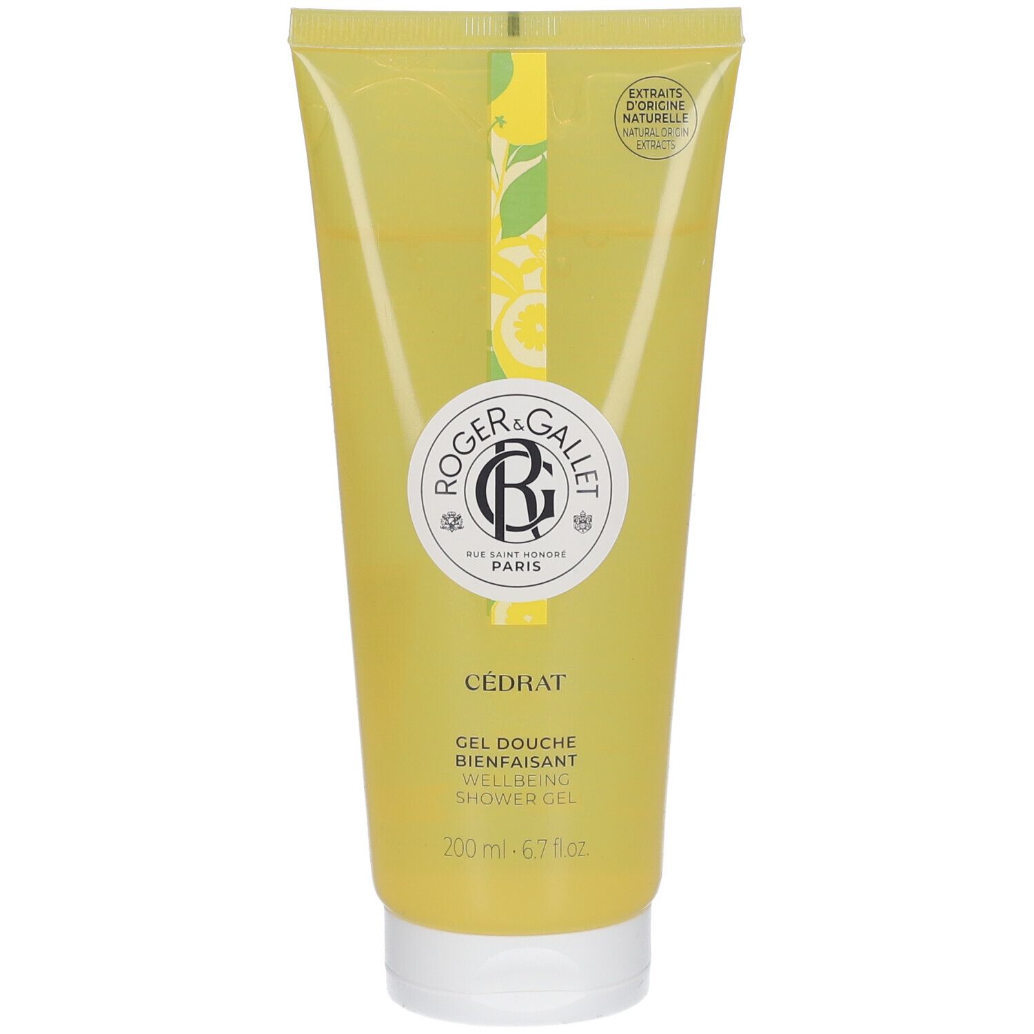 Gelbe Tube mit Roger & Gallet Logo und Cédrat-Aufdruck. Enthält Duschgel. Mit Zitronen-Dekor.