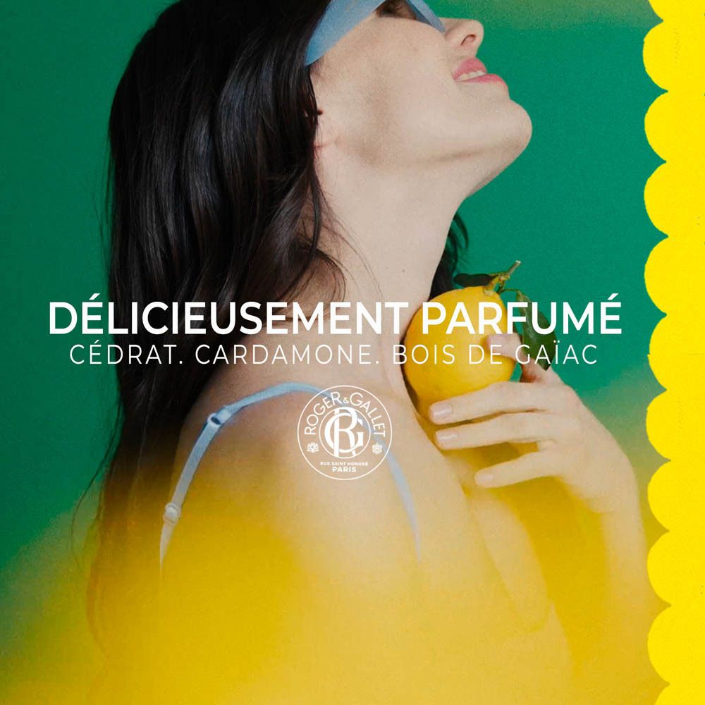 Tube jaune Roger & Gallet Cédrat. Gel douche bienfaisant. Décor citron.