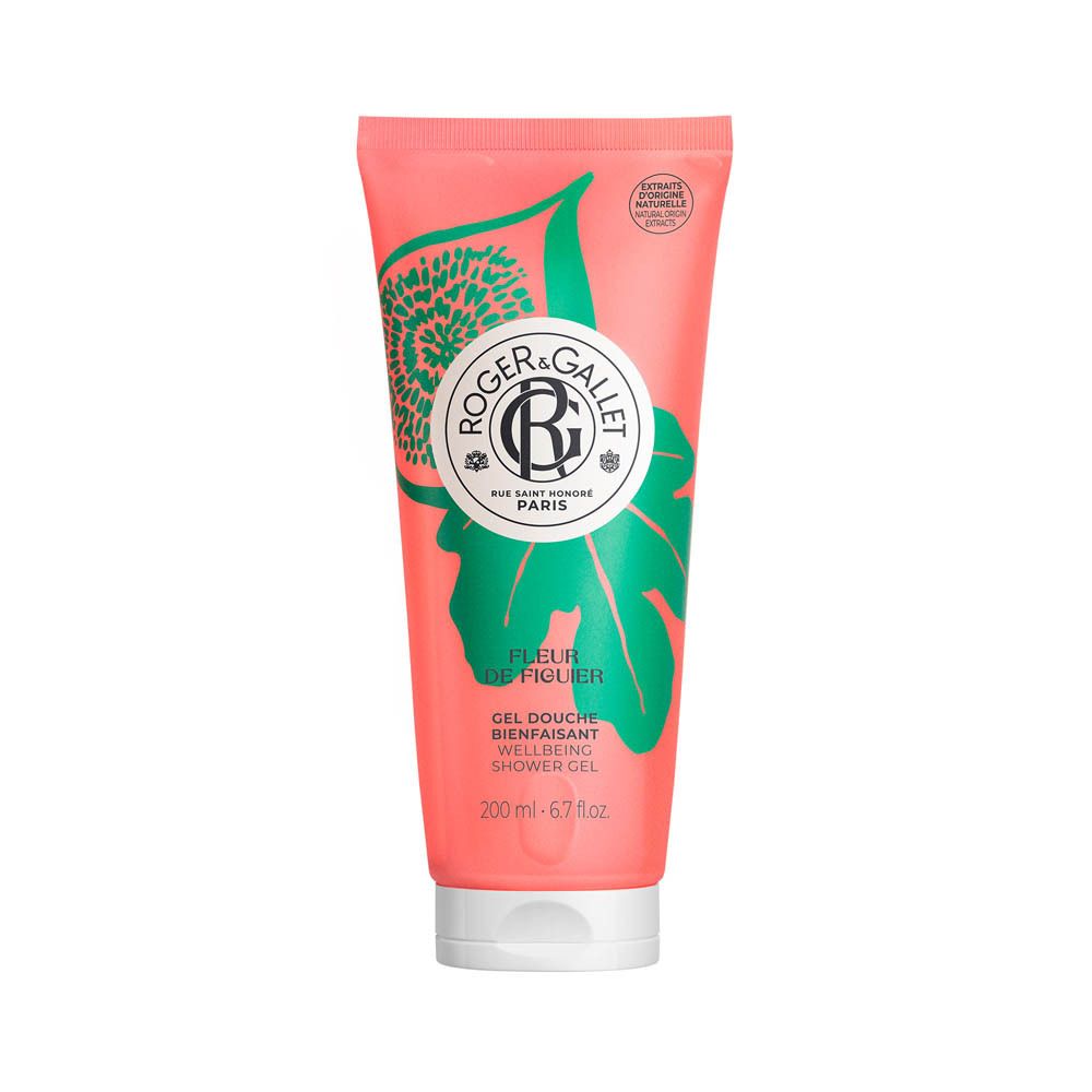 Tube de gel douche avec logo et nom du produit. Tube rose avec illustrations vertes. Texte: FLEUR DE FIGUIER, Roger & Gallet.