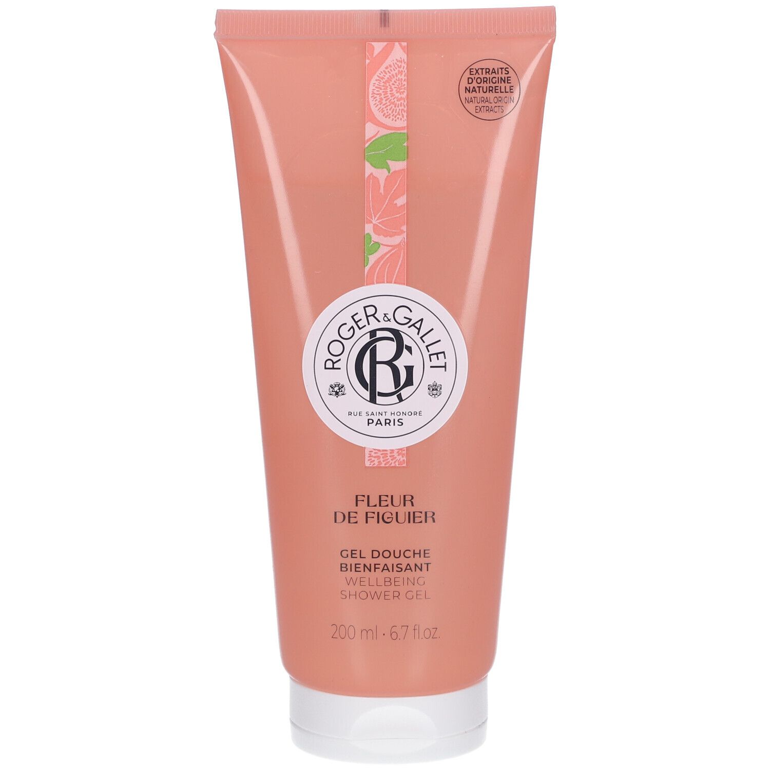 Duschgel-Tube mit Produktnamen und Logo. Rosa Tube mit weißem Verschluss. Text: FLEUR DE FIGUIER, Roger & Gallet.
