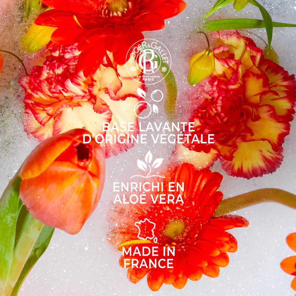 Fleurs dans des bulles de savon. Texte: Base Lavante d'Origine Végétale, Enrichi en Aloe Vera, Made in France. Logo.