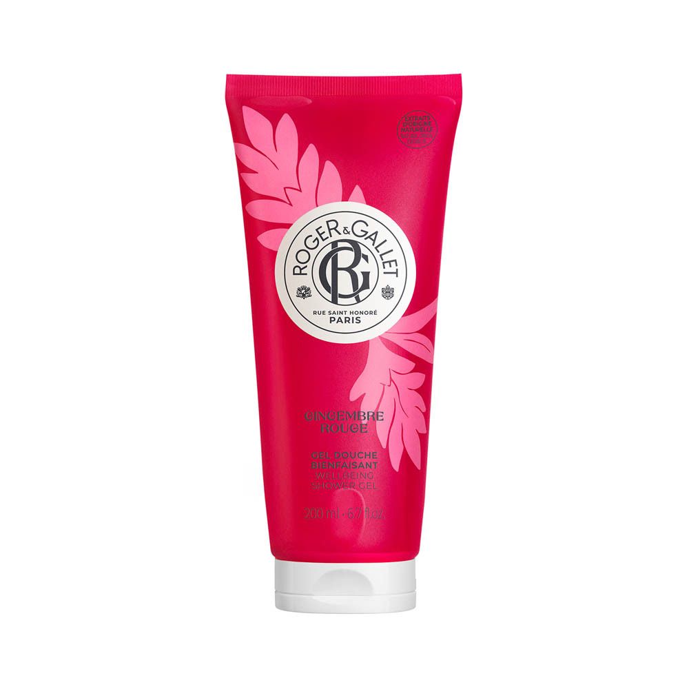 Tube rose de gel douche. Logo Roger & Gallet. Texte : Rose, Gel Douche Revitalisant. Marque française.