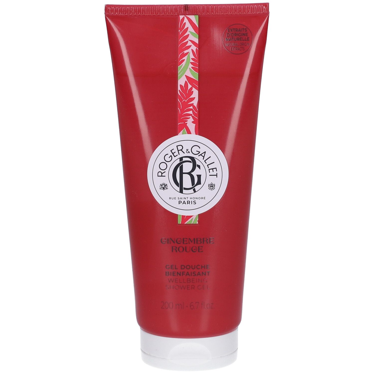 Rote Tube mit Duschgel. Logo Roger & Gallet. Text: Ingwer Rouge, Gel Douche Instantané. Französische Marke.