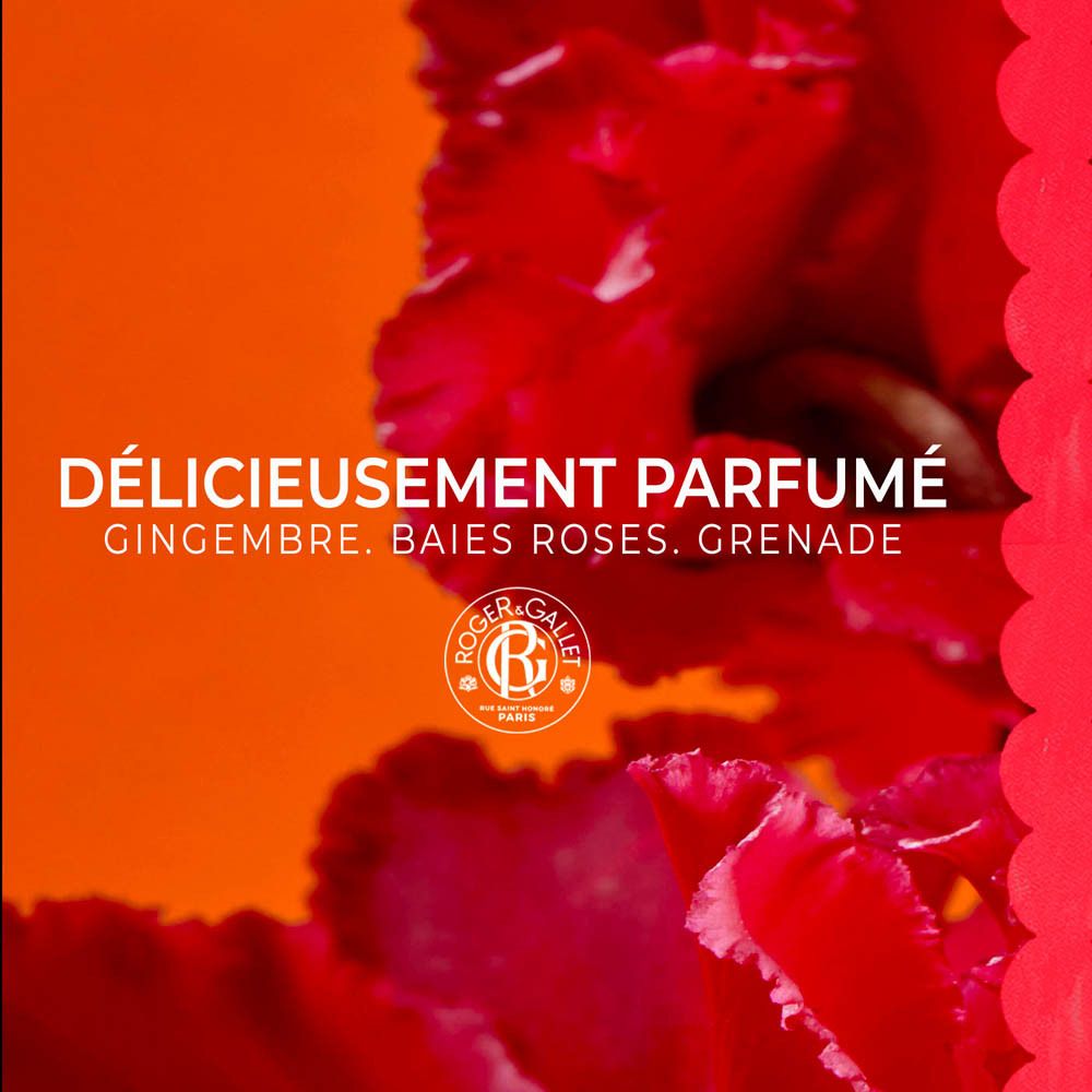 Fond orange avec texte : Délicieusement Parfumé. Logo Roger & Gallet. Texte : Gingembre, Baies Roses, Grenade.