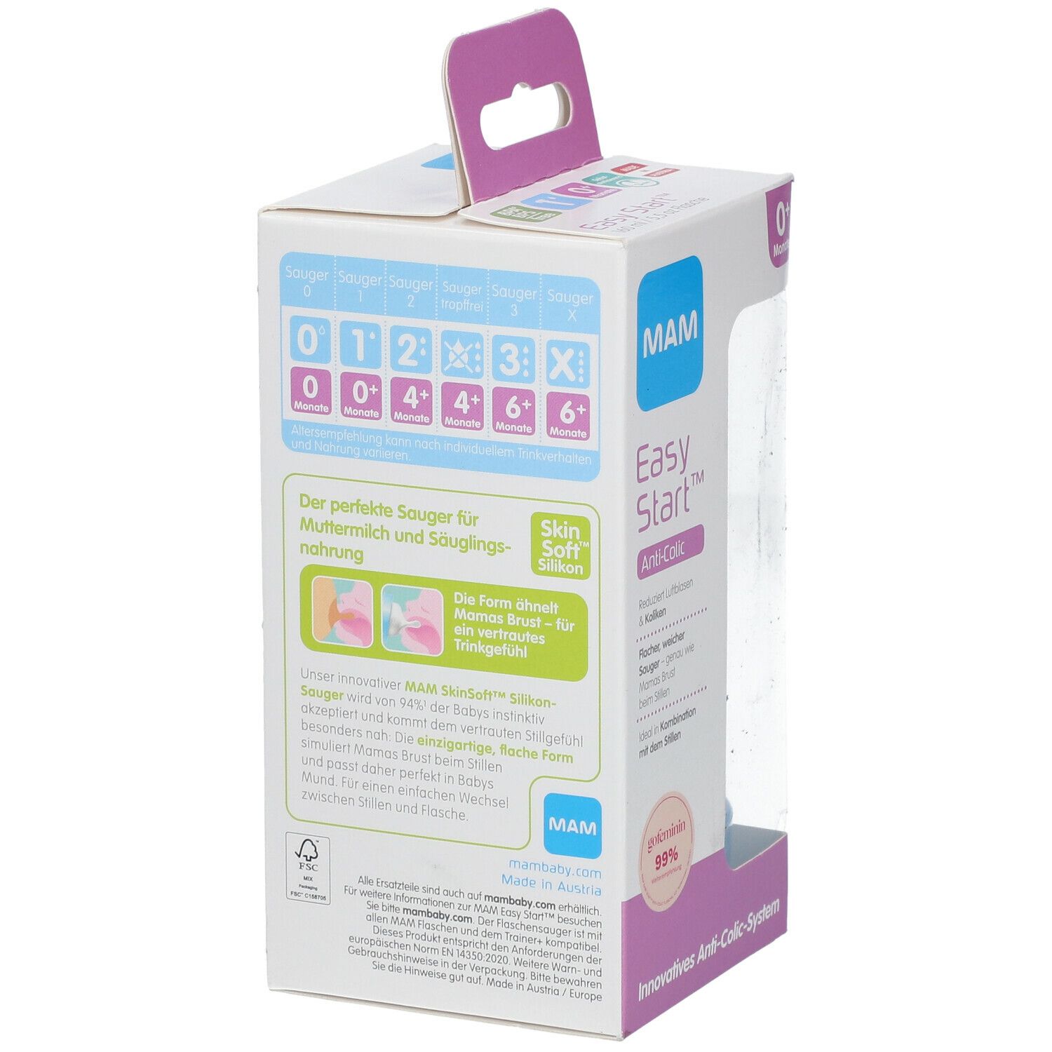 MAM Easy Start Biberon anti-coliques 260 ml avec MAM Tétine en silicone 1, 0 mois et +
