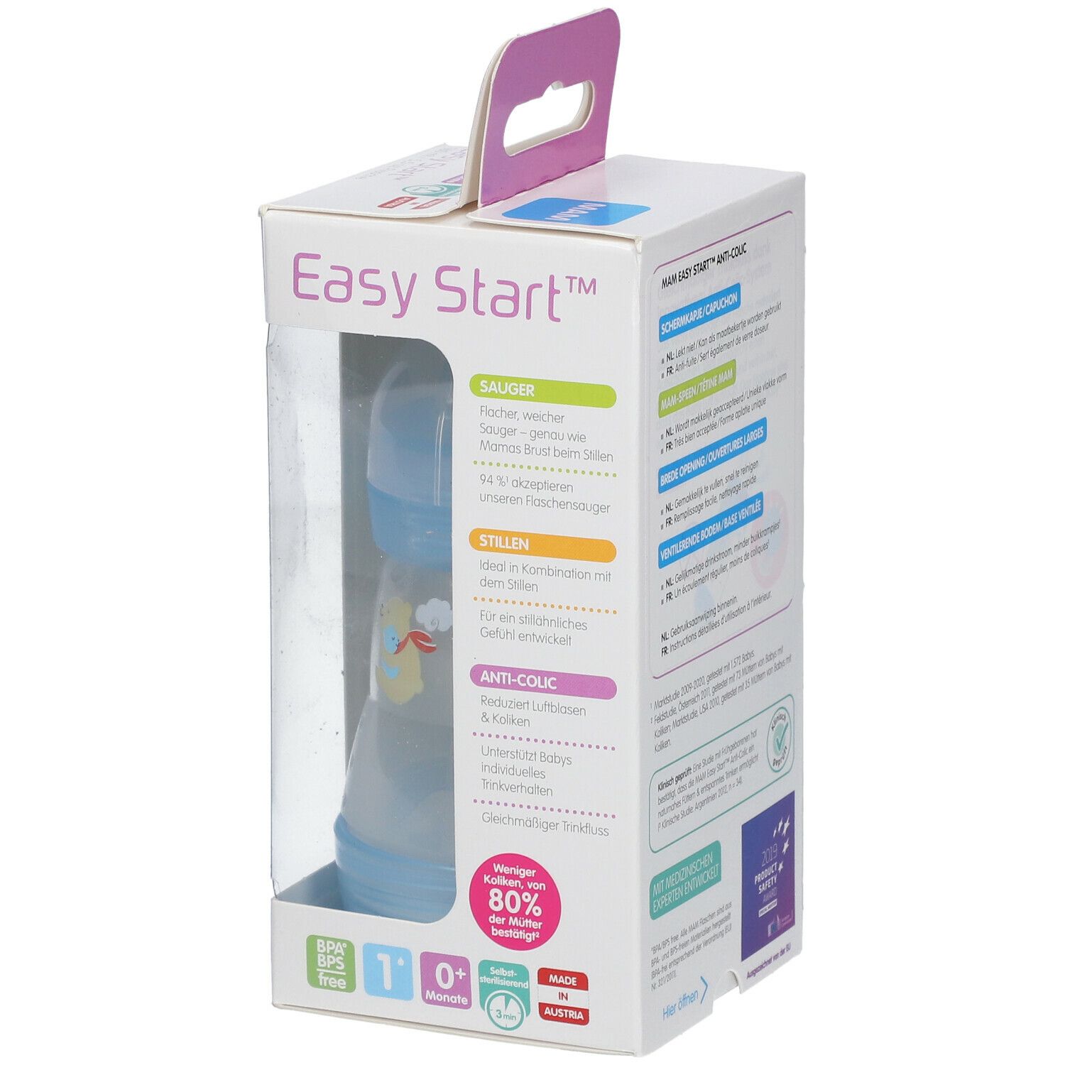 MAM Easy Start Biberon anti-coliques 260 ml avec MAM Tétine en silicone 1, 0 mois et +