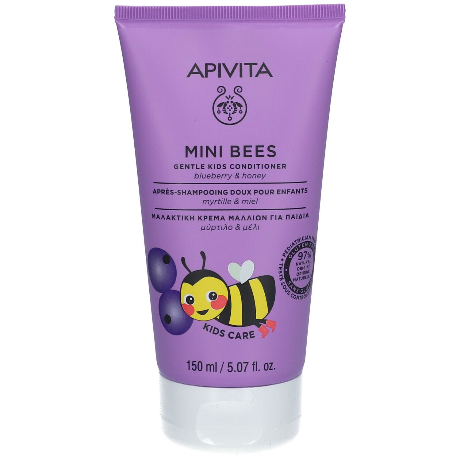 Violette Tube mit Produktaufdruck. Enthält Conditioner für Kinder. Mit Illustration einer Biene und Blaubeeren.