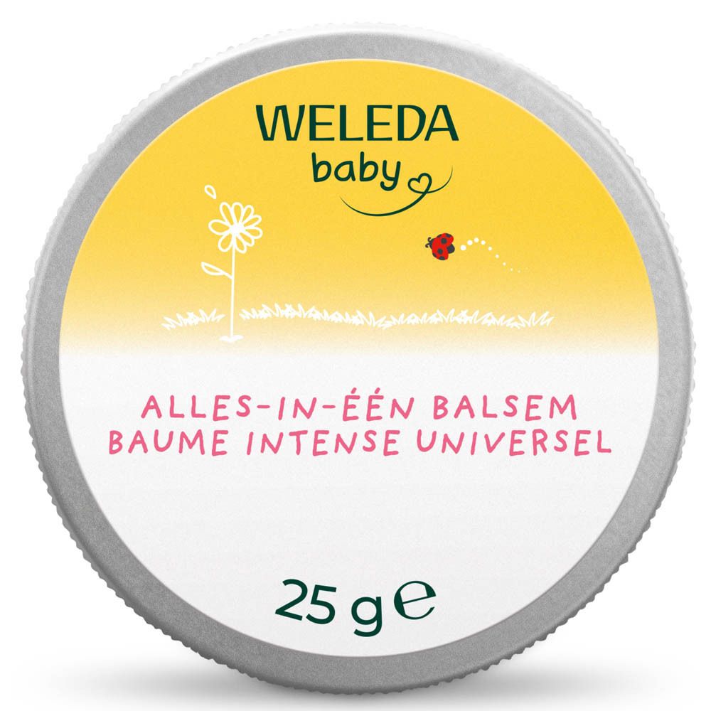 Boîte ronde avec couvercle jaune. Inscription: Weleda Baby, Baume Intense Universel, 25 g. Bio-Calendula.