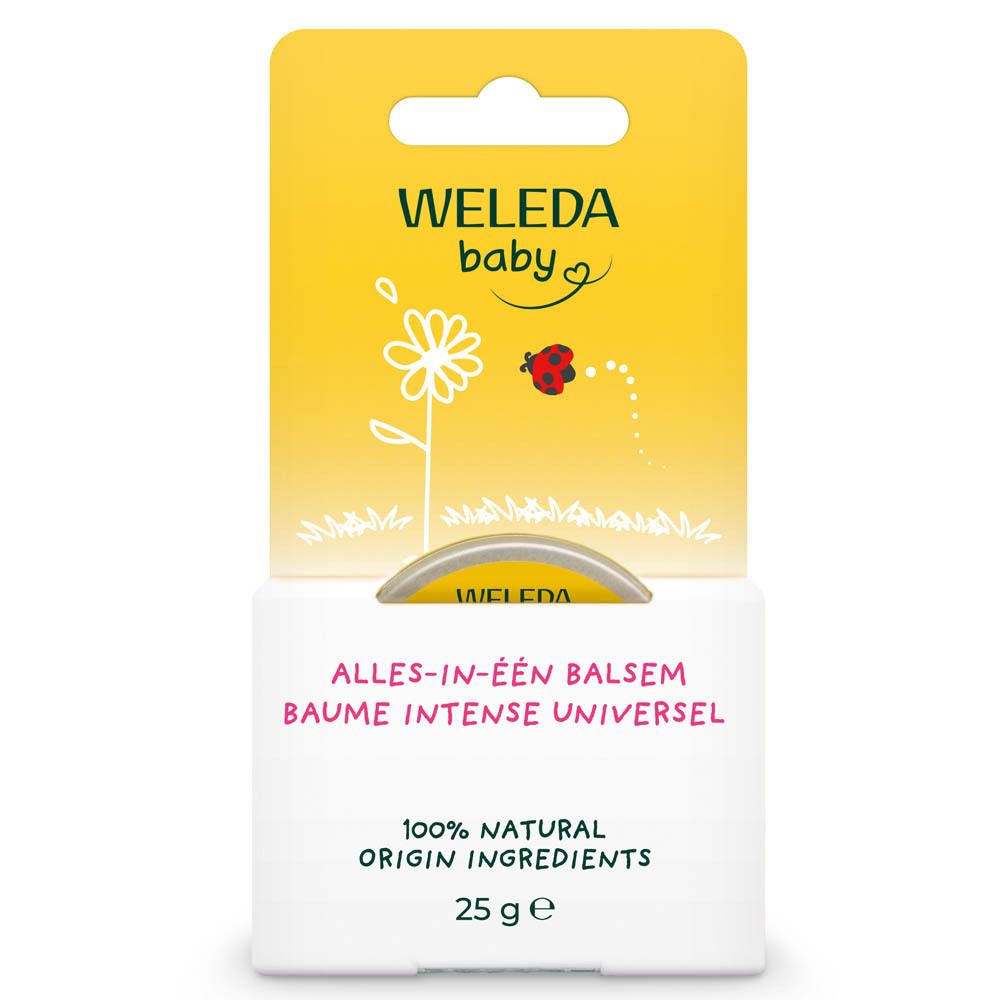 Emballage avec boîte et inscription: Weleda Baby, Baume Intense Universel, 25 g. Ingrédients 100% naturels.
