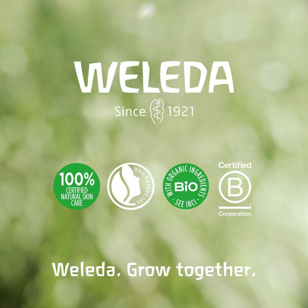 Logo Weleda. Zertifizierungen: 100% Certified Natural Care, NATRUE, Bio-Zertifizierung, B Corp.